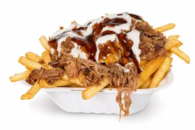 Loaded fries topped with pulled pork and sauce